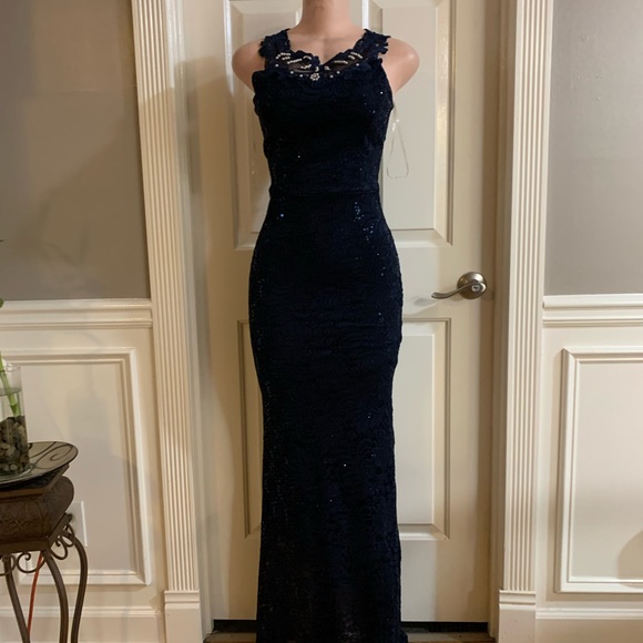 Women junior blue navy lace sequins halter bodycon mermaid maxi dress size (S) - Picture 3 of 13